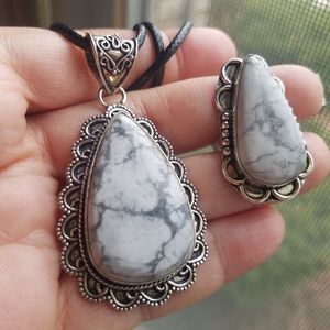 Genuine White Howlite Gemstone 925 Sterling Silver Necklace & Matching Ring NEW